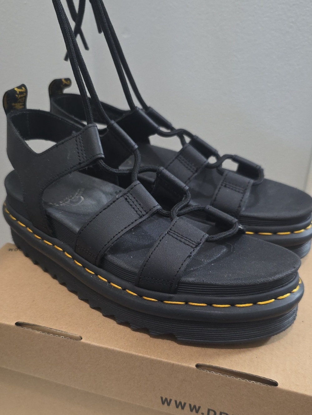 Dr. Martens Black Lace Up Platform Gladiator Sandals with Yellow Stitching - Picture 2 of 6